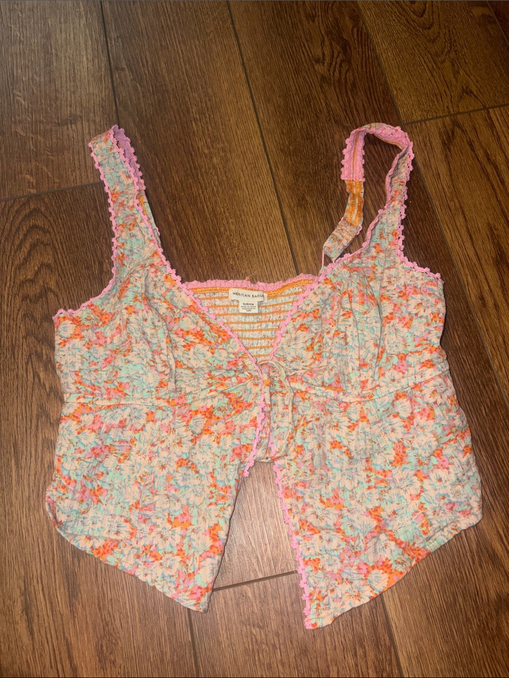 American eagle Multicolor Floral Smocked Tank Top - Pink Trim